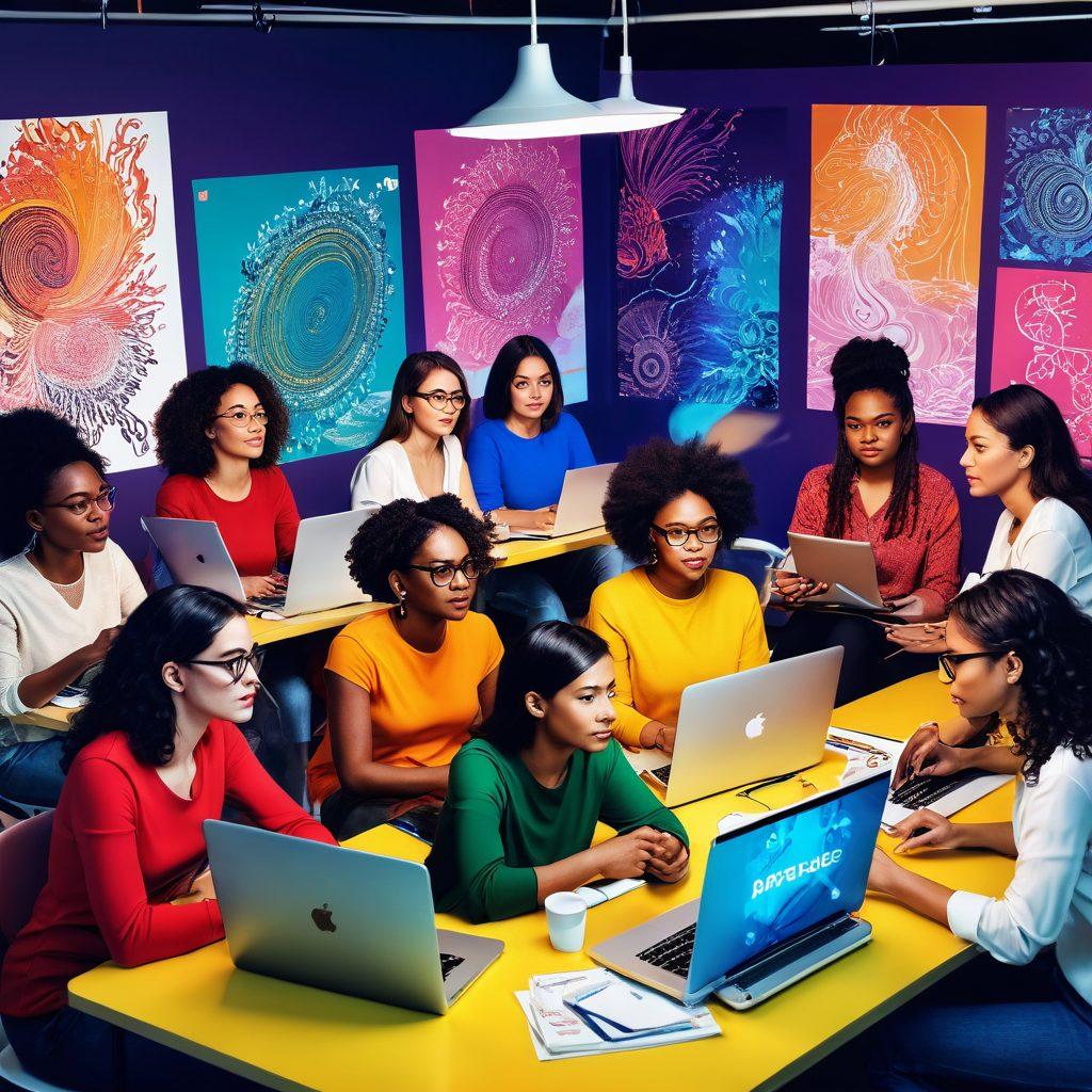 A diverse group of women creatives, each representing different cultures and styles, sitting around a high-tech workspace filled with laptops and digital devices. They are collaborating and sharing ideas, surrounded by vibrant illustrations of blog designs and technological elements swirling in the background. Bright and inspiring atmosphere emphasizing empowerment through technology. super-realistic. vibrant colors. modern digital art.