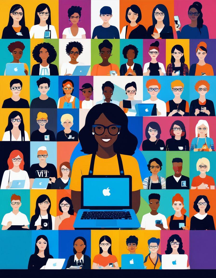 A collage of diverse female influencers from various backgrounds, each engaged in their unique digital professions, for example, a vlogger with a camera, a writer at a laptop, and a social media creator with a smartphone. The backdrop features vibrant digital elements like social media icons, glowing screens, and colorful graphics symbolizing the digital era. The overall scene radiates empowerment and creativity, showcasing unity in diversity. vibrant colors. modern graphic style.