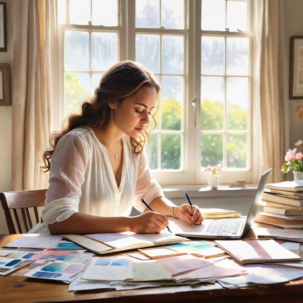 A powerful woman sitting at a desk, surrounded by open journals and a laptop, reflecting on her journey. She is writing passionately, with photos of diverse, inspiring women from history and today displayed around her. Sunlight streams through a window, symbolizing hope and empowerment. Soft pastel colors create an inviting atmosphere. watercolor painting. vibrant colors.